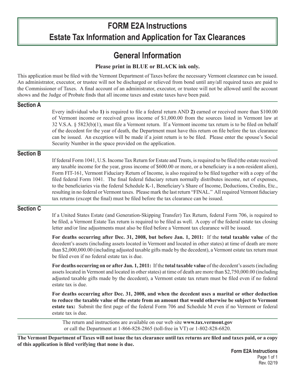 Instructions for VT Form E2A Vermont Estate Tax Information and Application for Tax Clearances - Vermont, Page 1