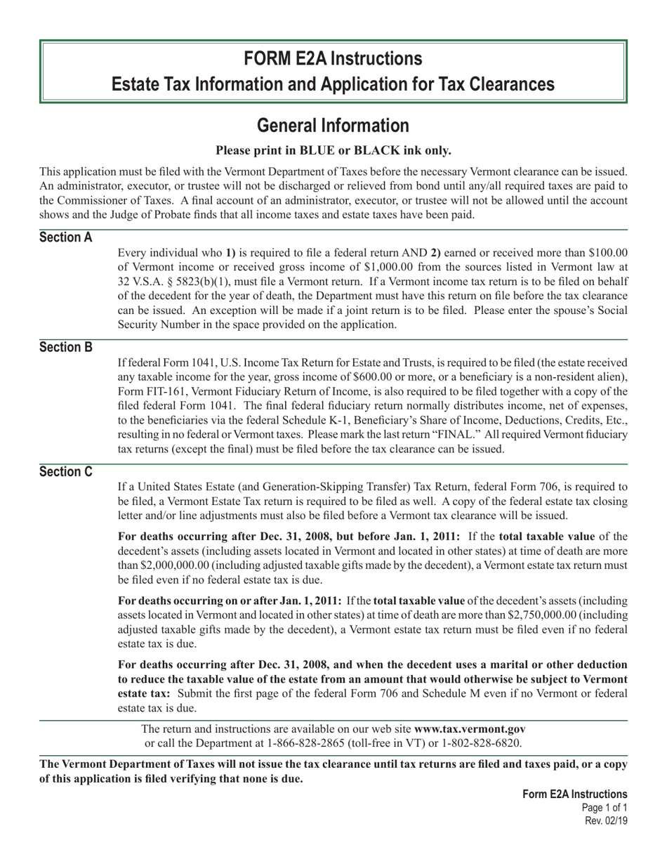 Download Instructions for VT Form E2A Vermont Estate Tax Information