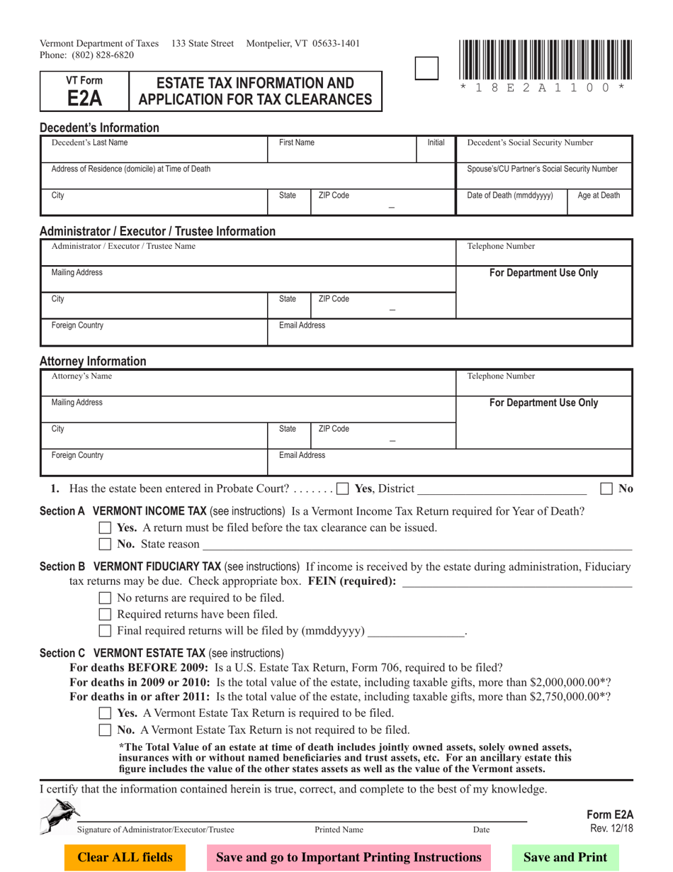 VT Form E2A Estate Tax Information and Application for Tax Clearances - Vermont, Page 1