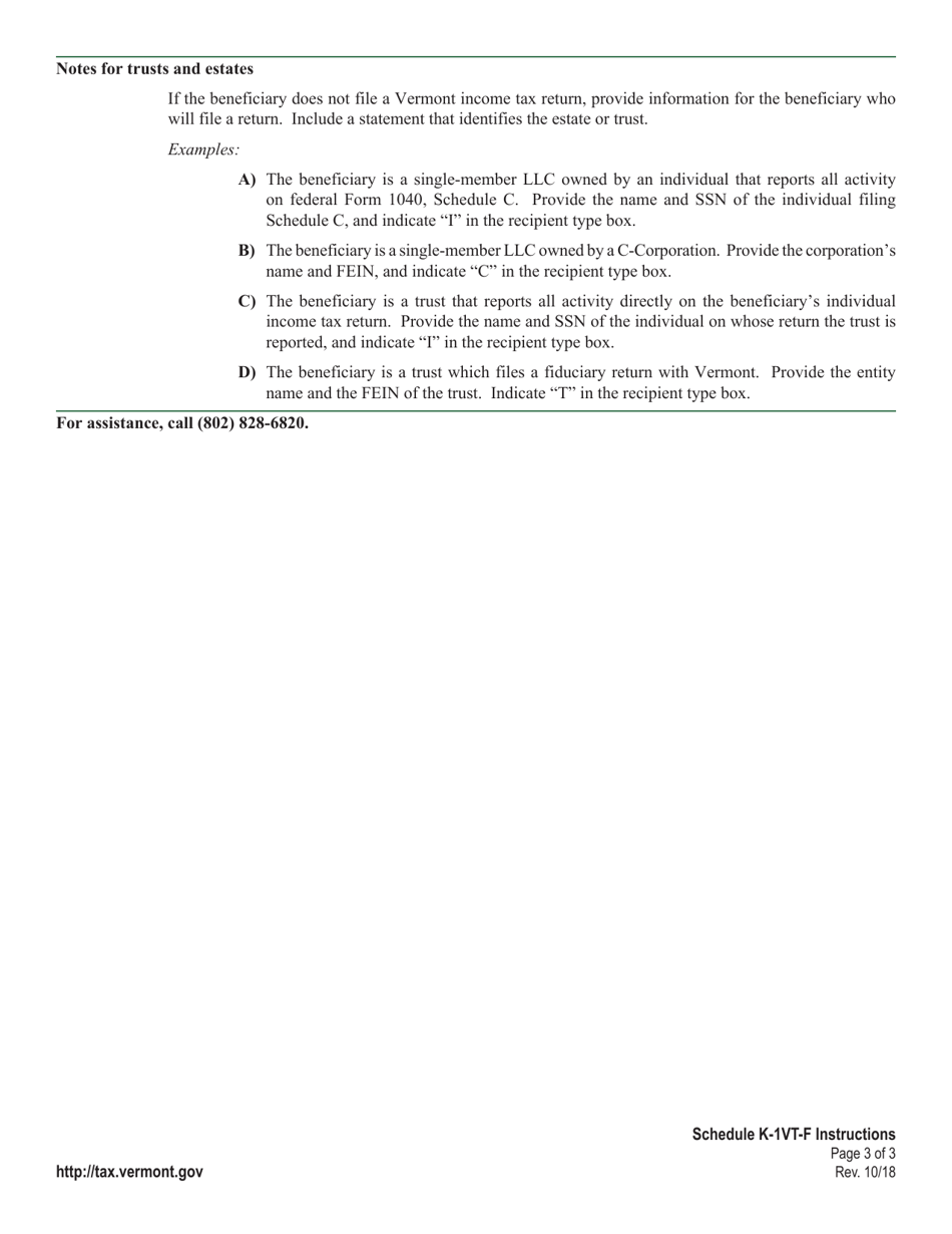 Instructions for Schedule K-1VT-F Beneficiary Information for Fiduciaries - Vermont, Page 3