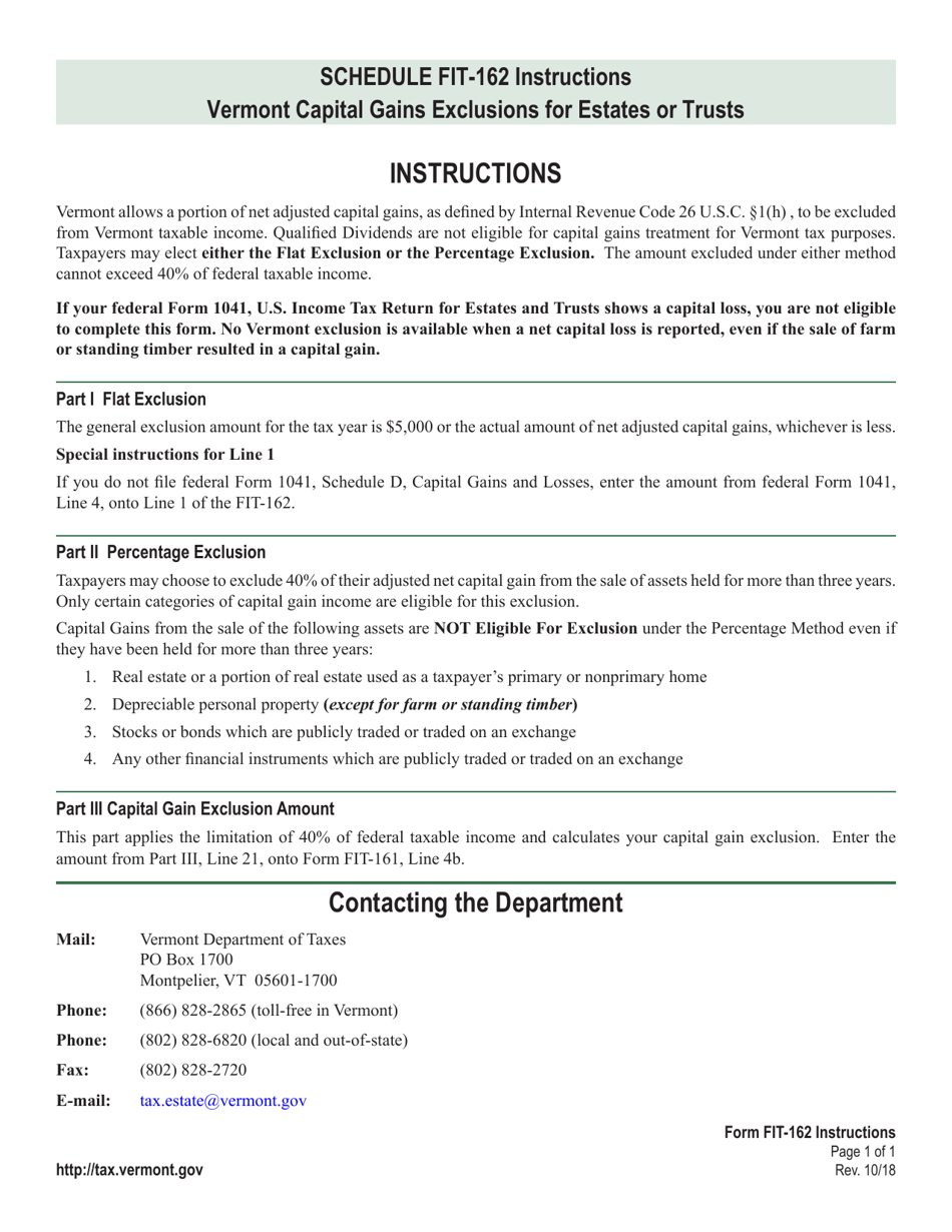 Download Instructions for VT Form FIT162 Capital Gains Exclusion