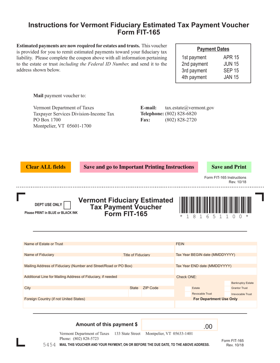 VT Form FIT-165 Fiduciary Estimated Tax Payment Voucher - Vermont, Page 1