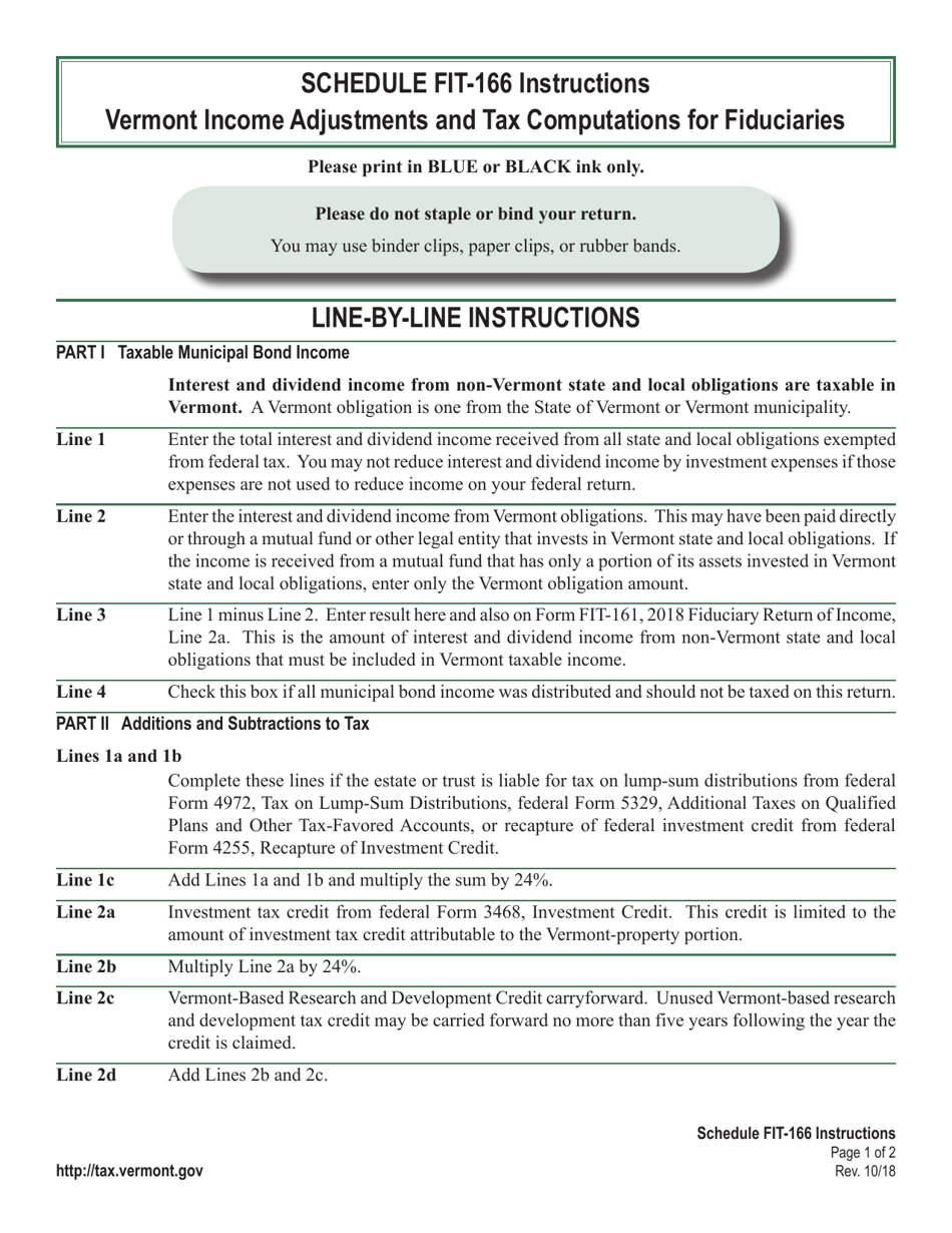 Instructions for VT Form FIT-166 Income Adjustments and Tax Computations for Fiduciaries - Vermont, Page 1
