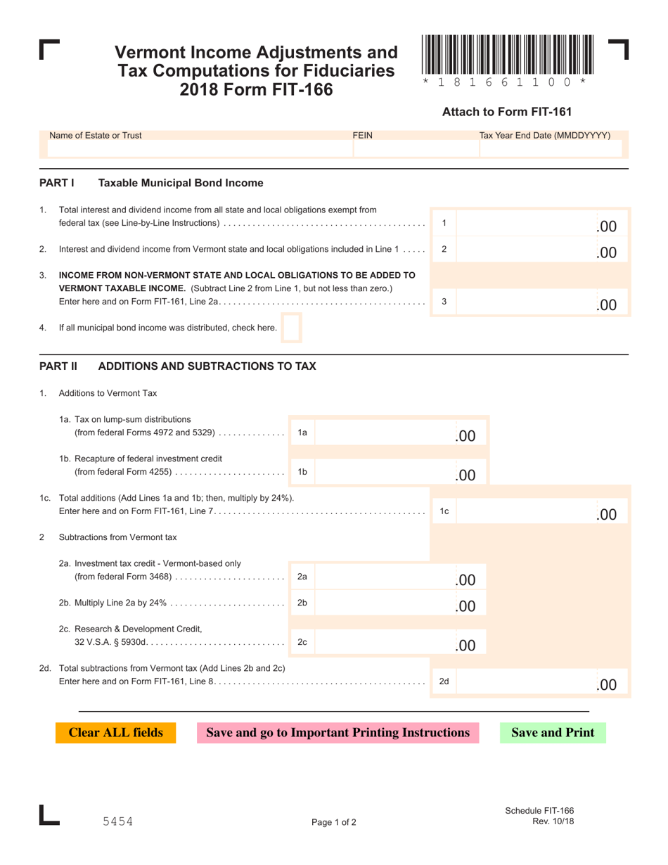 VT Form FIT-166 Income Adjustments and Tax Computations for Fiduciaries - Vermont, Page 1