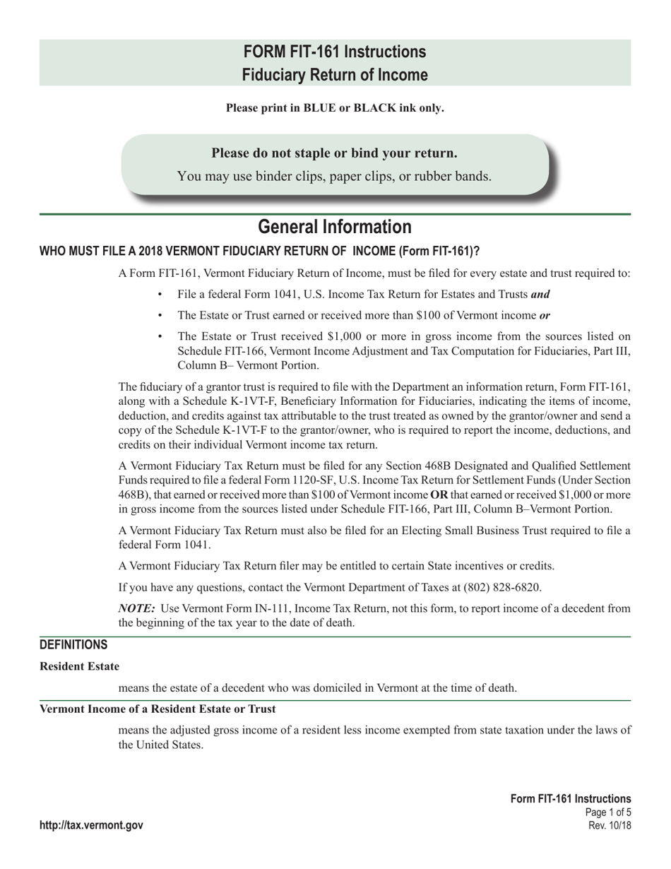 Instructions for VT Form FIT-161 Fiduciary Return of Income - Vermont, Page 1