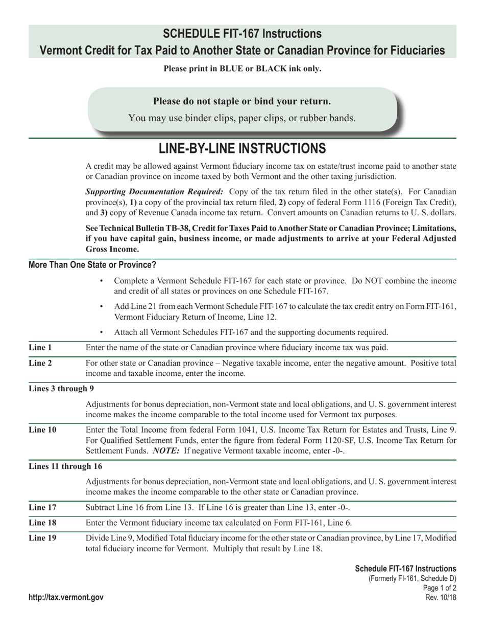 Instructions for Schedule FIT-167 Vermont Credit for Tax Paid to Other State or Canadian Province for Fiduciaries - Vermont, Page 1
