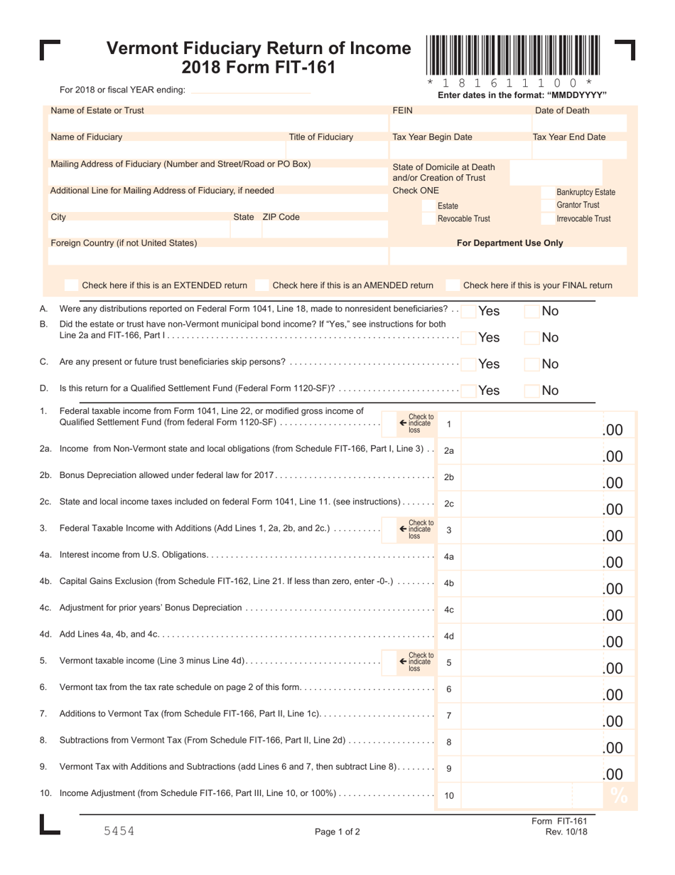 VT Form FIT-161 Fiduciary Return of Income - Vermont, Page 1