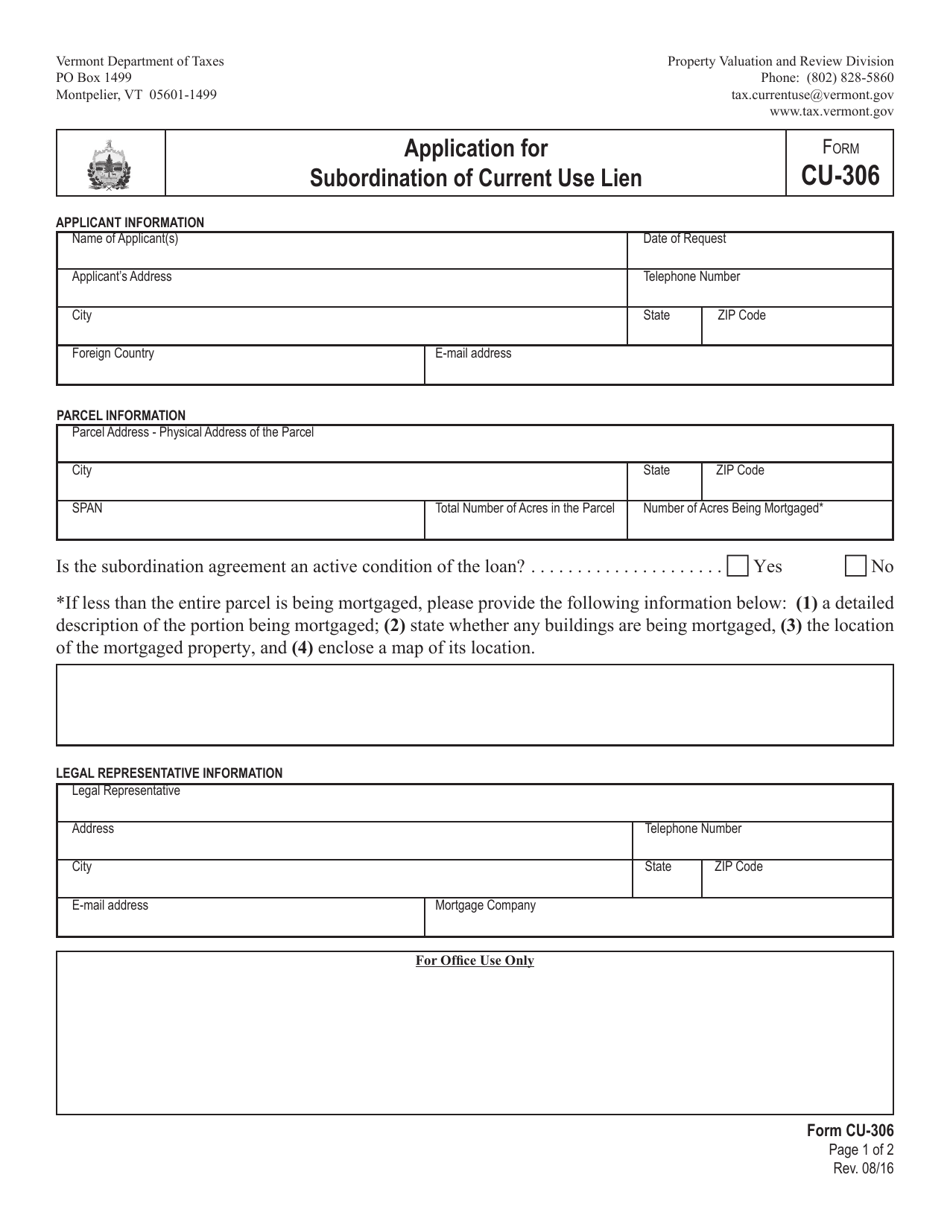 VT Form CU-306 Application for Subordination of Current Use Lien - Vermont, Page 1