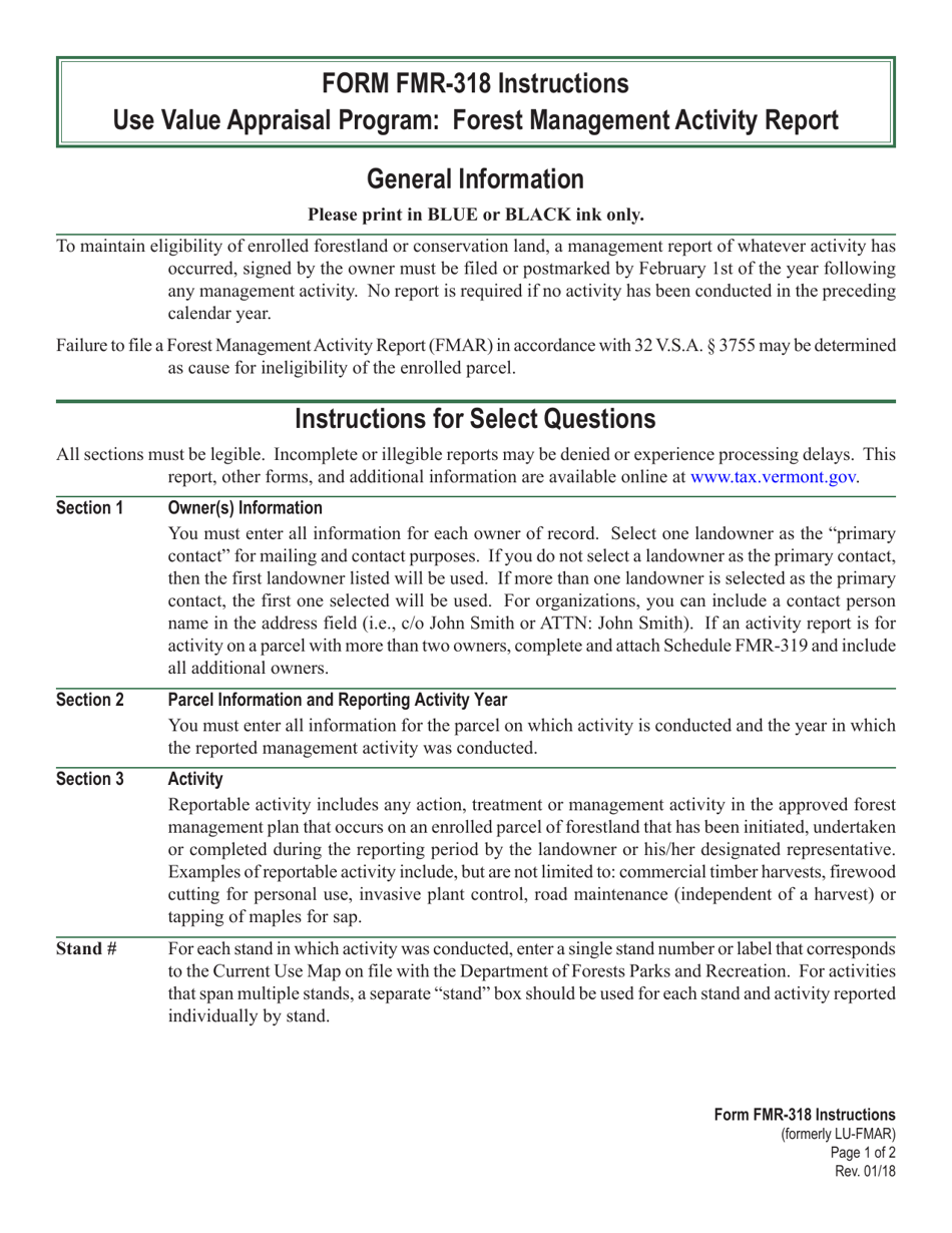 Instructions for VT Form FMR-318 Use Value Appraisal Program Forest Management Activity Report - Vermont, Page 1