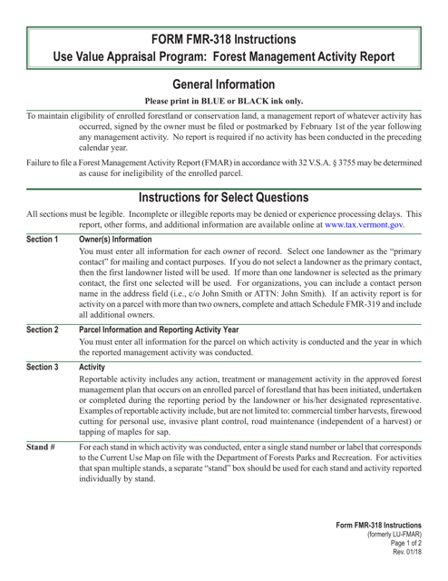 Instructions for VT Form FMR-318 Use Value Appraisal Program Forest Management Activity Report - Vermont