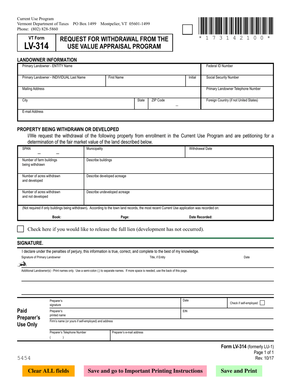 VT Form LV-314 Request for Withdrawal From the Use Value Appraisal Program - Vermont, Page 1