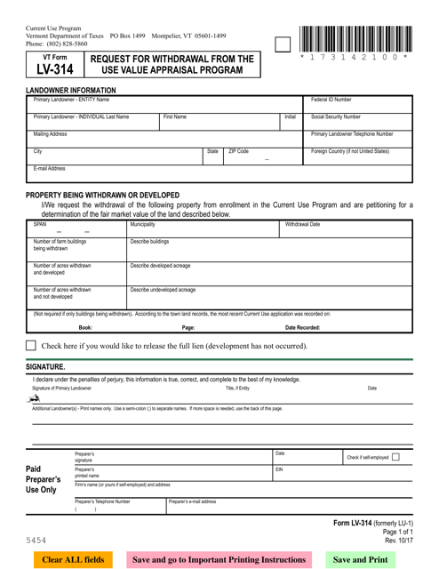 VT Form LV-314 Request for Withdrawal From the Use Value Appraisal Program - Vermont