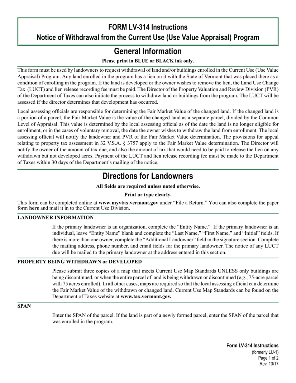 Instructions for VT Form LV-314 Request for Withdrawal From the Use Value Appraisal Program - Vermont, Page 1