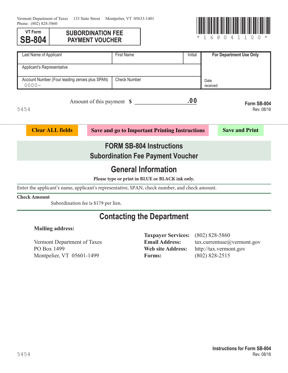 VT Form SB-804 Subordination Fee Payment Voucher - Vermont, Page 1