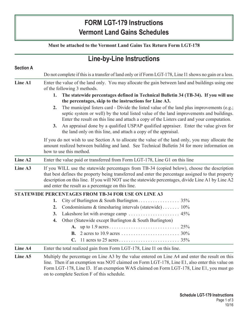 Instructions for VT Form LGT-179 Vermont Land Gains Schedules - Vermont, Page 1