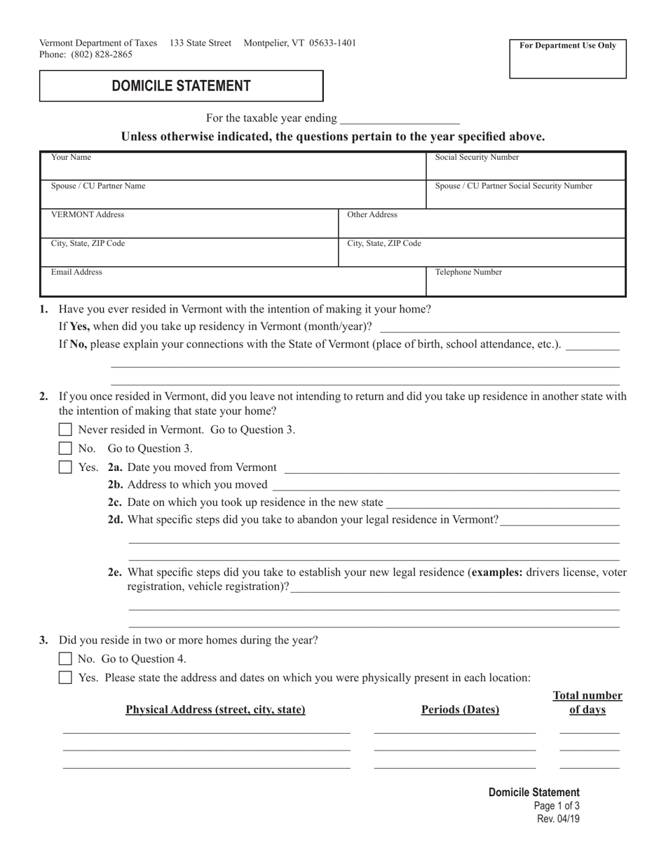 Vermont Domicile Statement Form Fill Out, Sign Online and Download