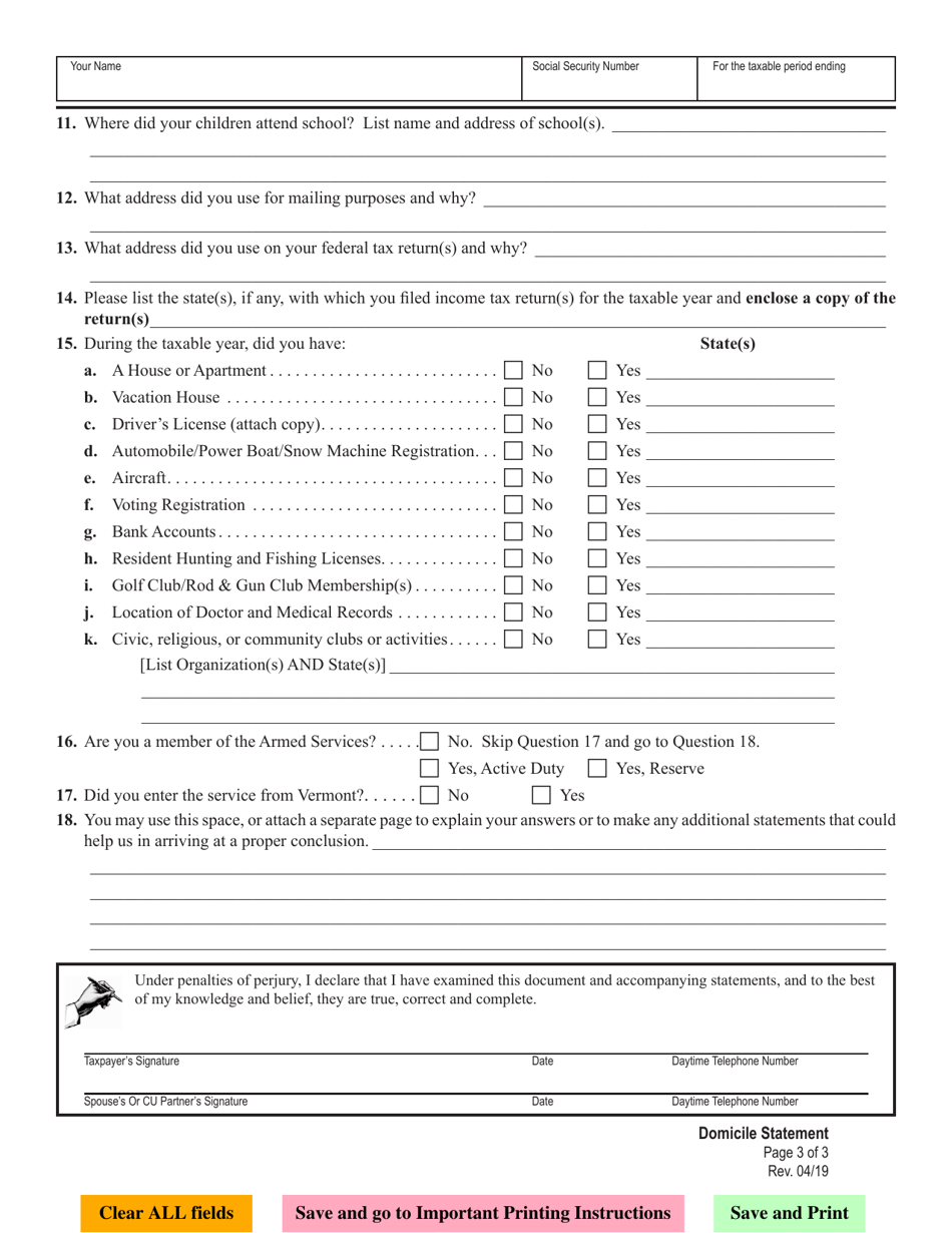 Domicile Statement Form - Vermont, Page 3