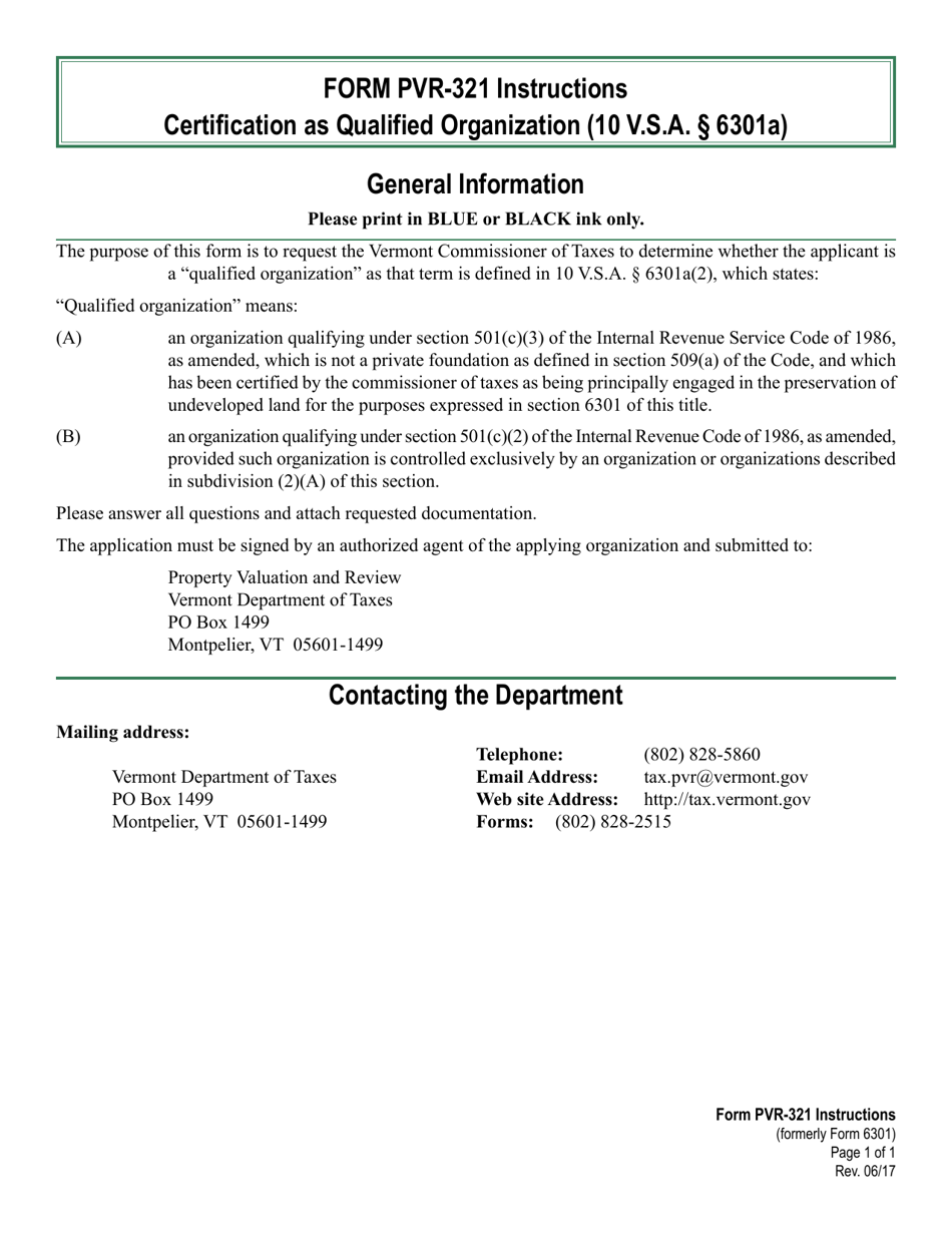 VT Form PVR-321 Application for Certification as Qualified Organization - Vermont, Page 1