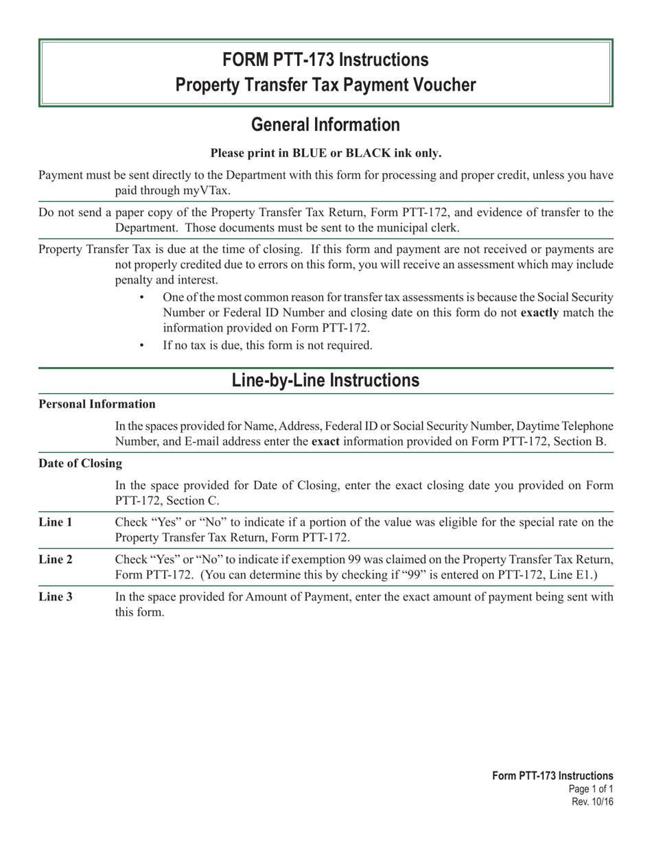 Download Instructions for VT Form PTT173 Property Transfer Tax Payment