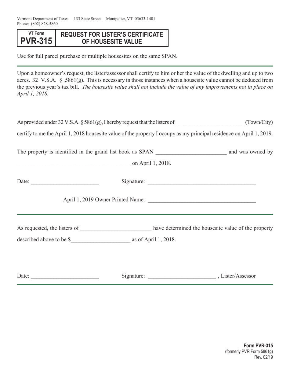 VT Form PVR-315 Request for Listers Certificate of Housesite Value - Vermont, Page 1