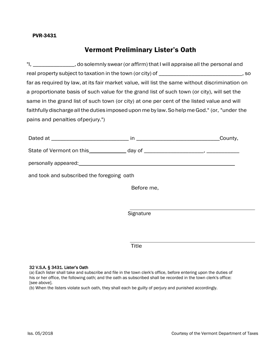 VT Form PVR-3431 Vermont Preliminary Listers Oath - Vermont, Page 1