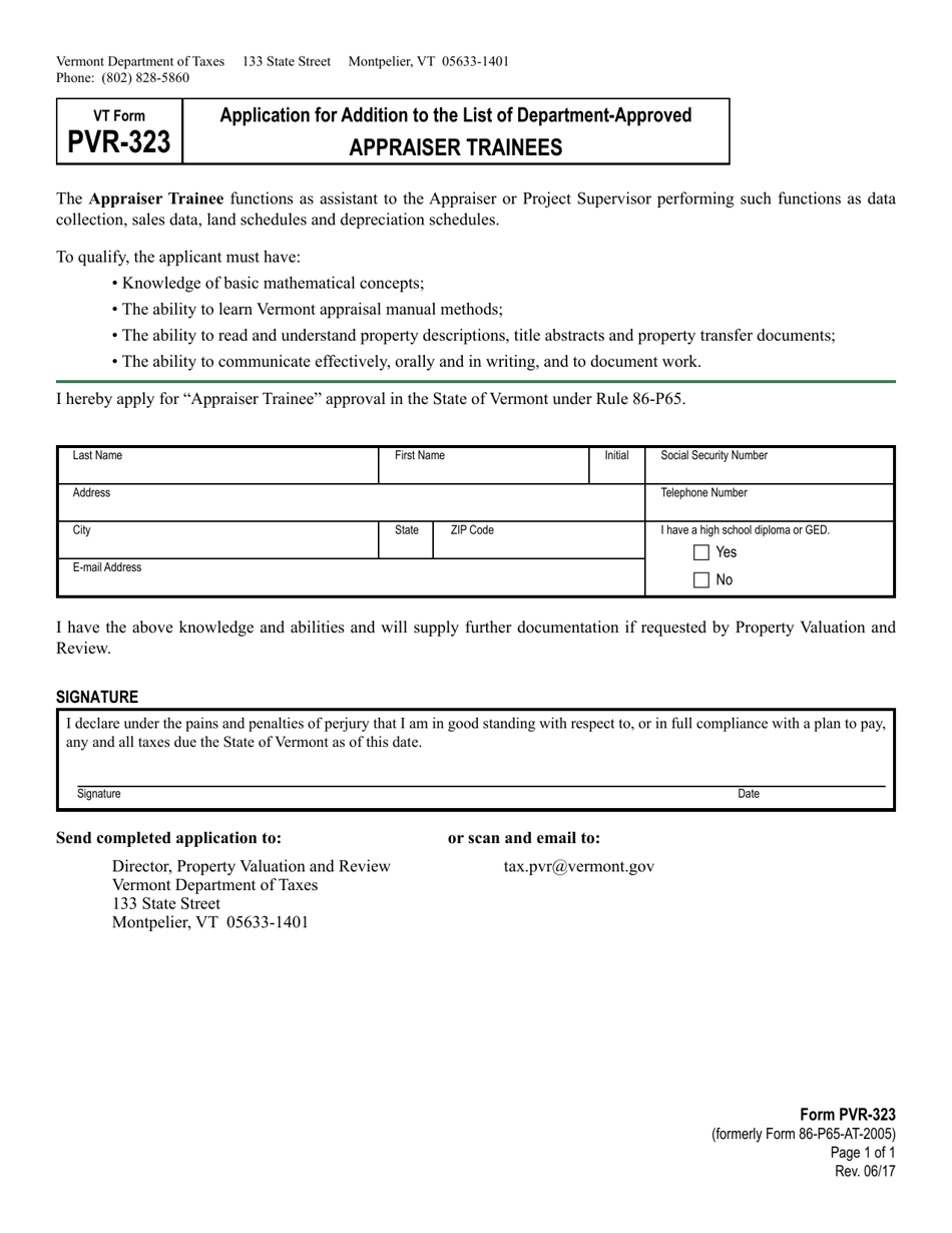 VT Form PVR-323 Application for Addition to the List of Department-Approved - Appraiser Trainees - Vermont, Page 1