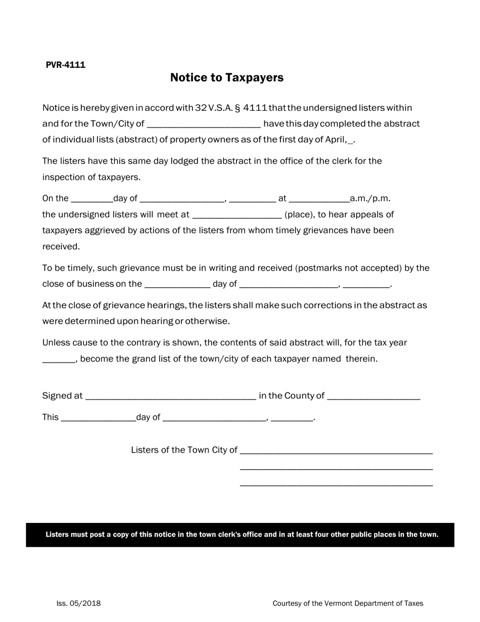 VT Form PVR-4111 Notice to Taxpayers - Vermont, Page 1
