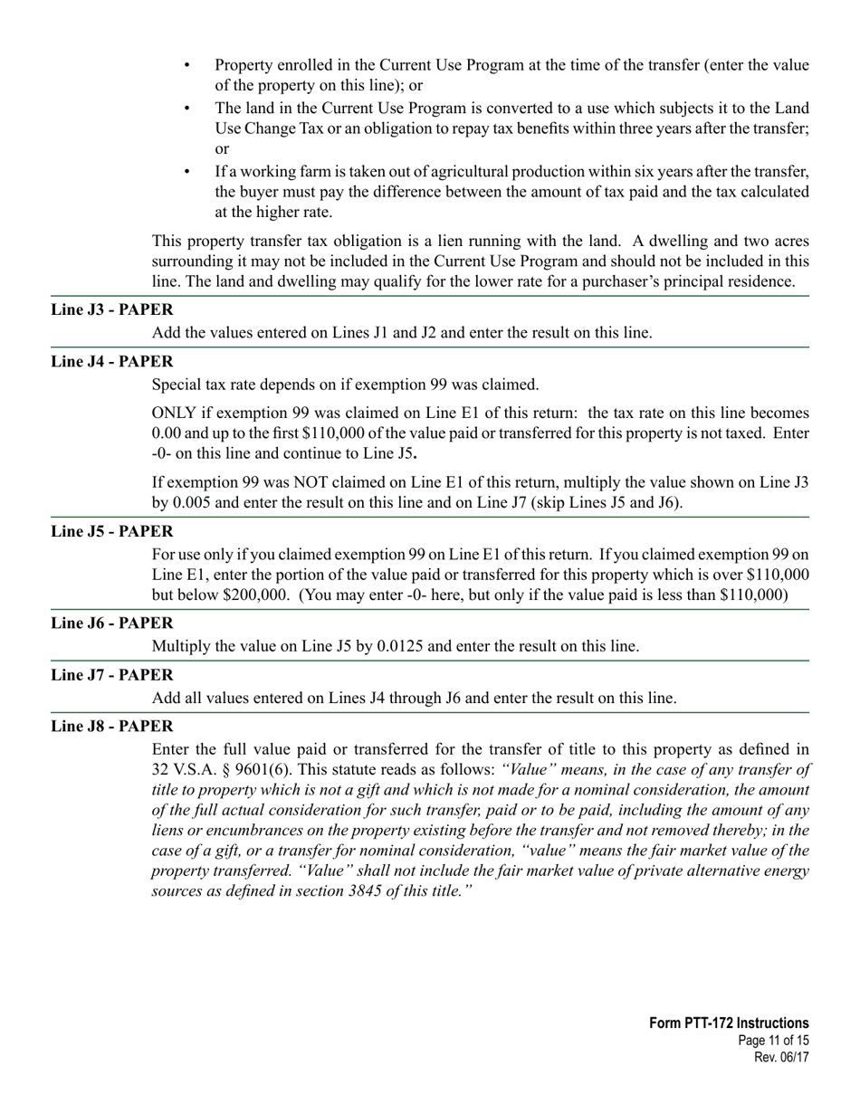 Download Instructions for VT Form PTT172 Property Transfer Tax Return