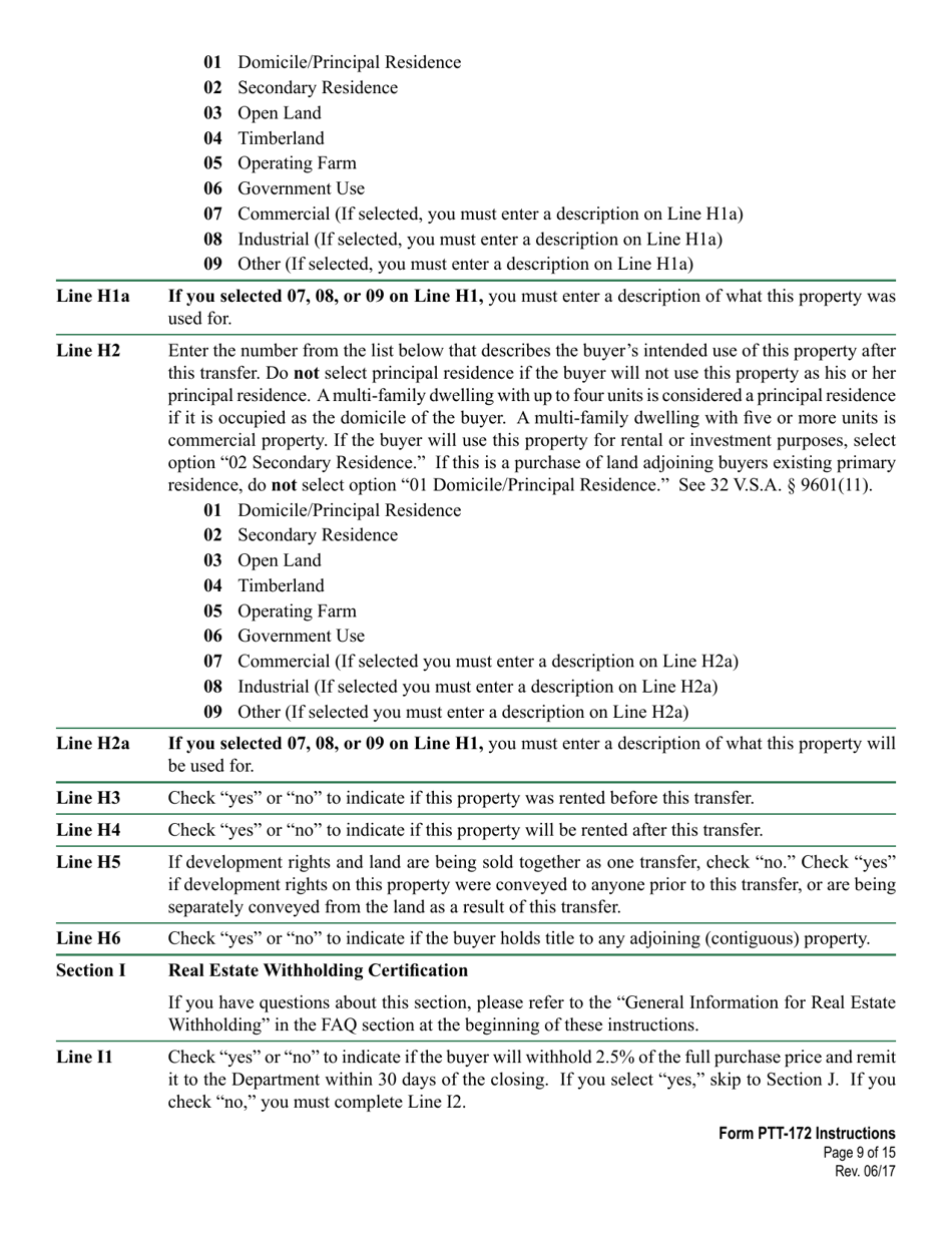 Download Instructions for VT Form PTT172 Property Transfer Tax Return