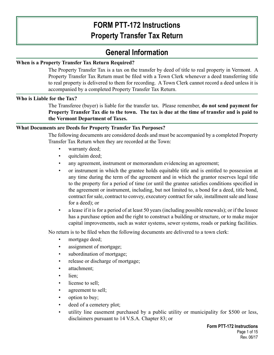Download Instructions for VT Form PTT172 Property Transfer Tax Return