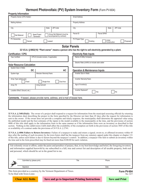 VT Form PV-604 Vermont Photovoltaic (Pv) System Inventory Form - Vermont