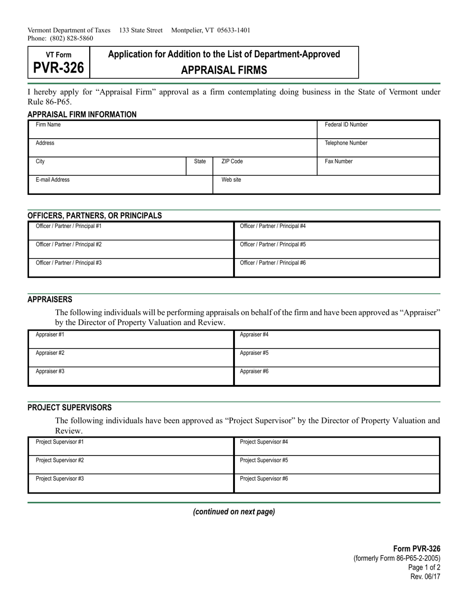 VT Form PVR-326 Application for Addition to the List of Department-Approved Appraisal Firms - Vermont, Page 1