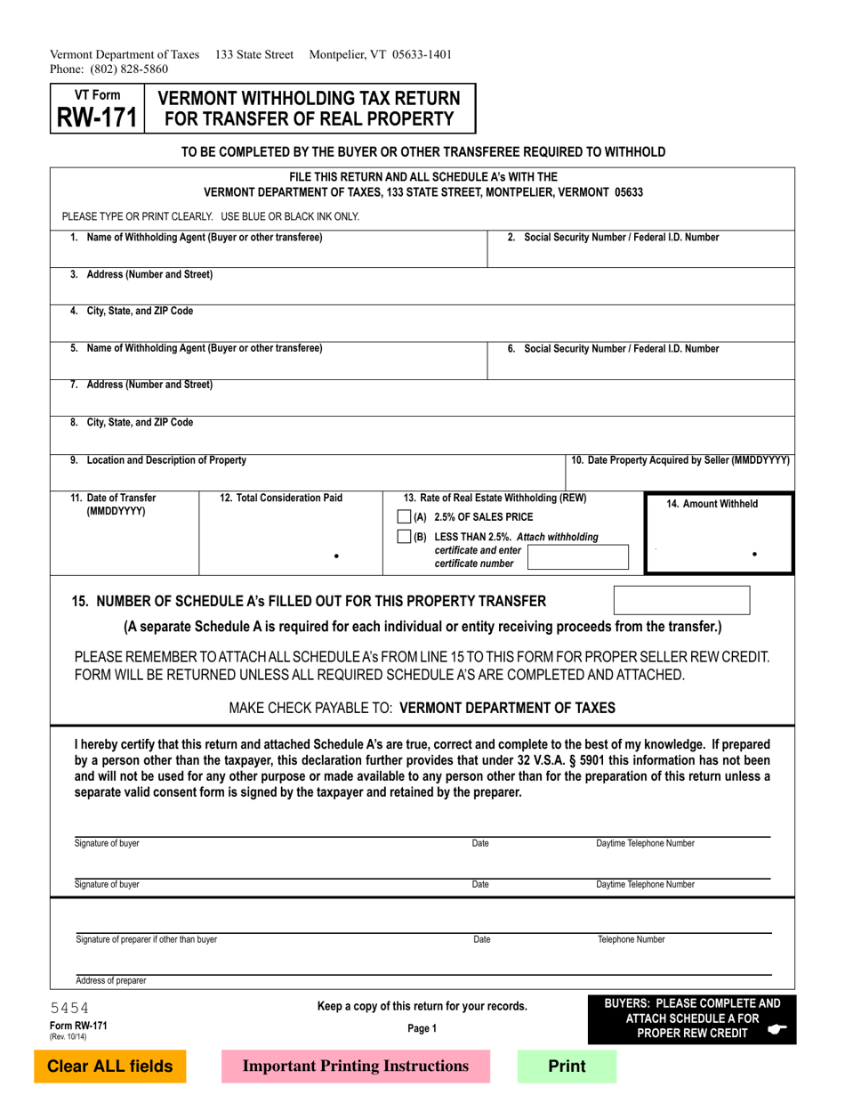 VT Form RW-171 Vermont Withholding Tax Return for Transfer of Real Property - Vermont, Page 1