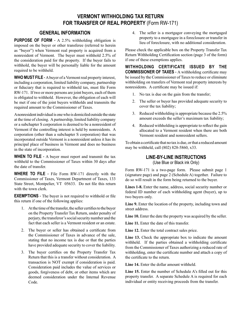 VT Form RW171 Fill Out, Sign Online and Download Fillable PDF