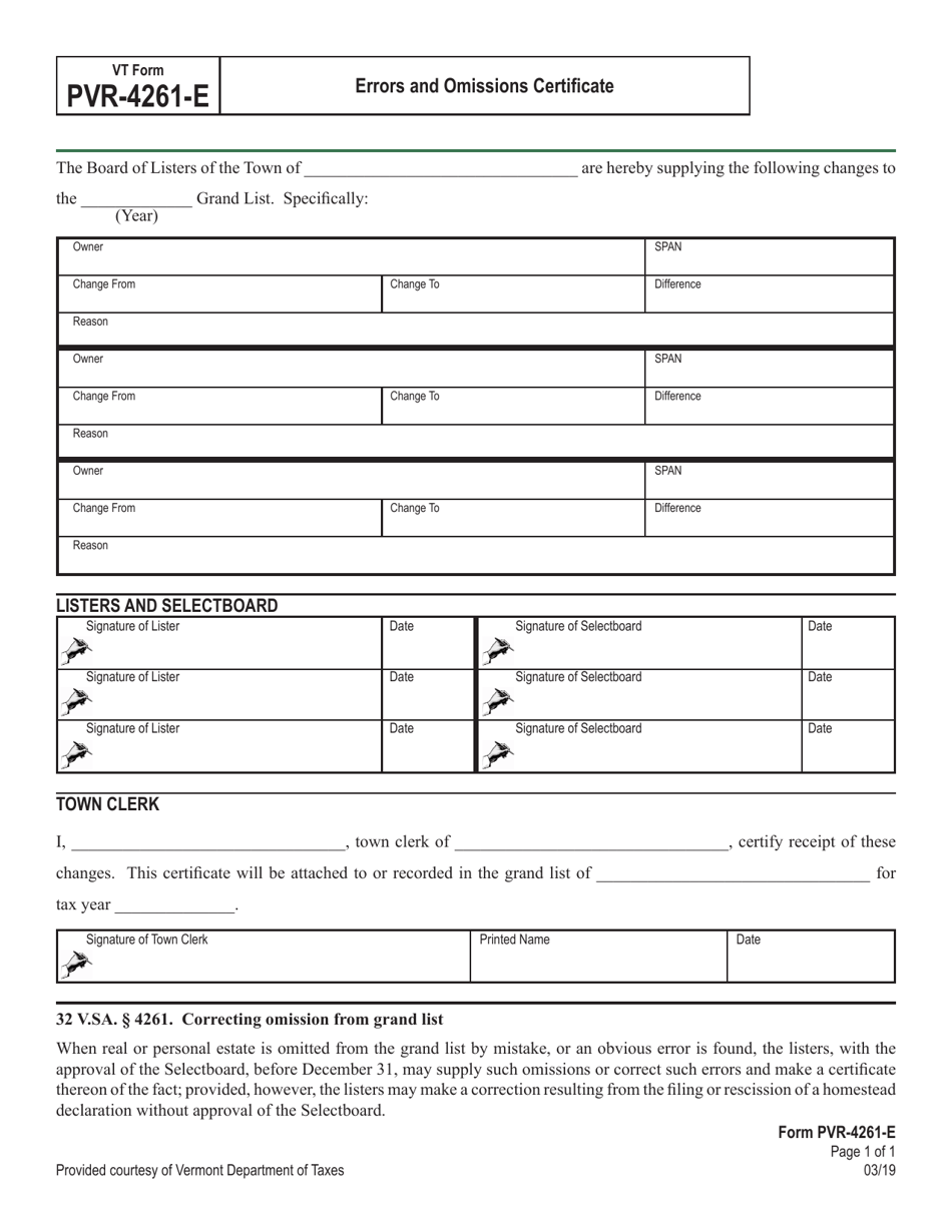 VT Form PVR-4261-E Errors and Omissions Certificate - Vermont, Page 1
