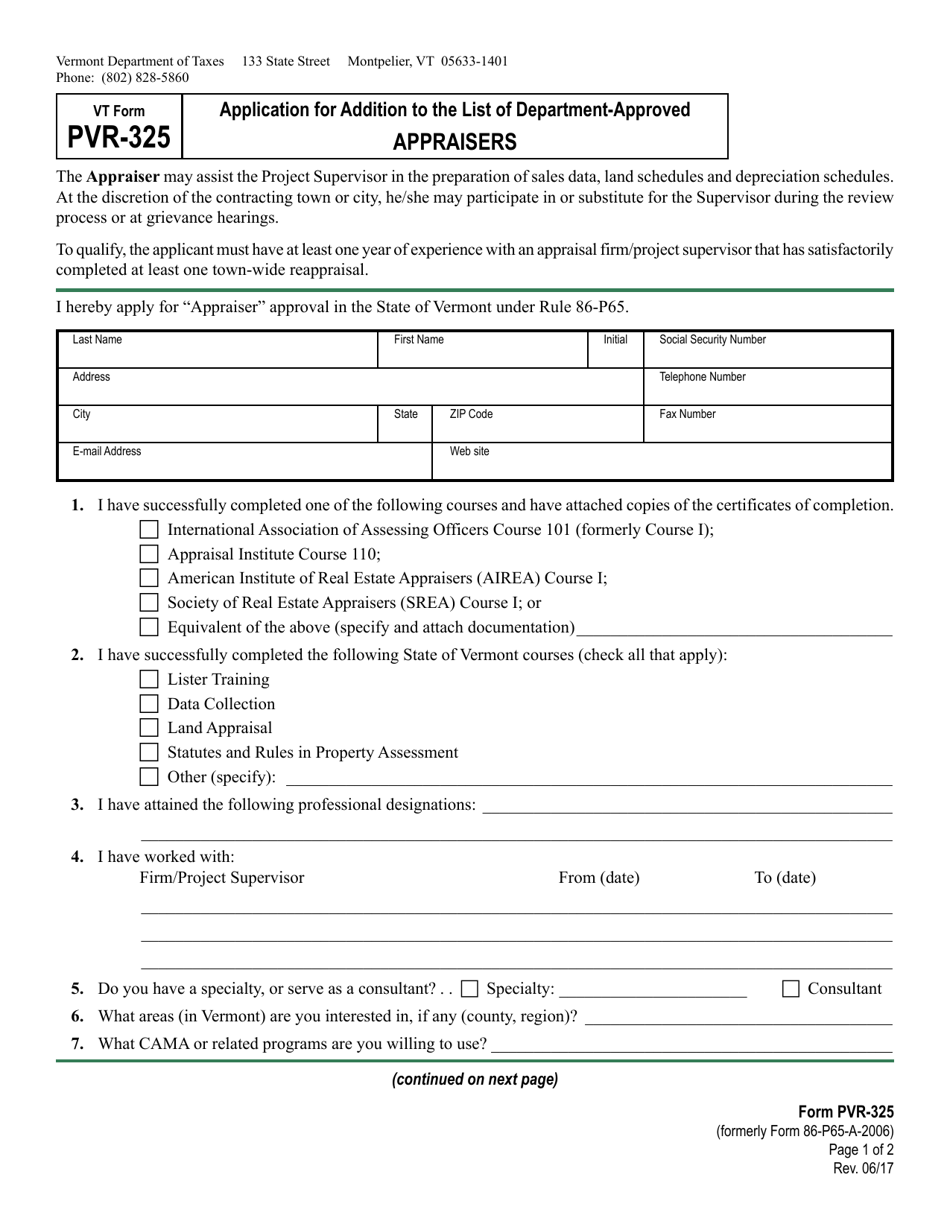 VT Form PVR-325 Application for Addition to the List of Department-Approved Appraisers - Vermont, Page 1