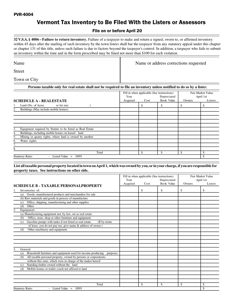 VT Form PVR-4004 Tax Inventory to Be Filed With the Listers or Assessors - Vermont, Page 1