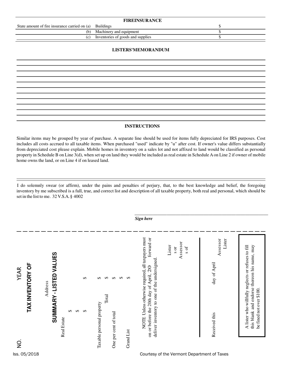 VT Form PVR-4004 Tax Inventory to Be Filed With the Listers or Assessors - Vermont, Page 2