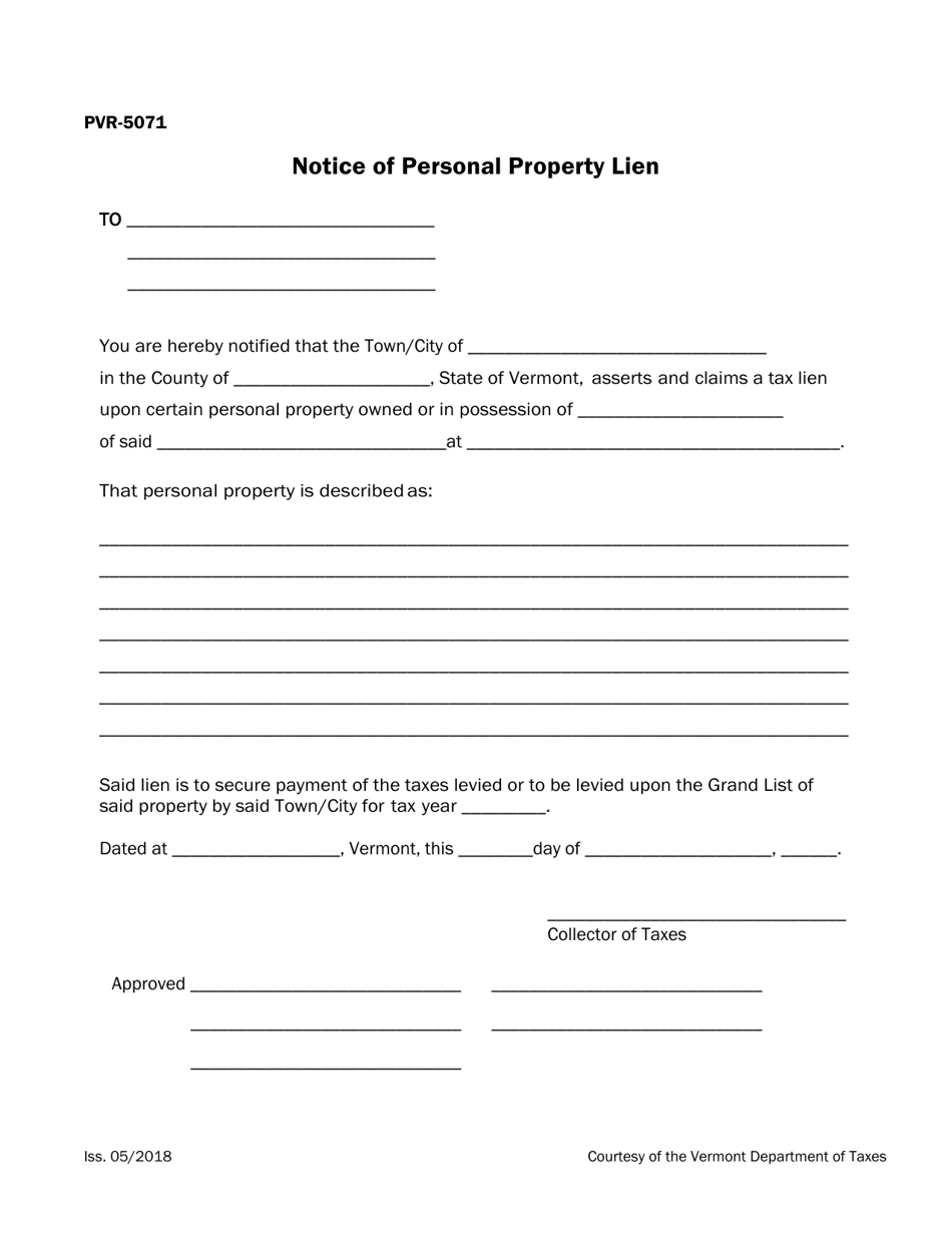 VT Form PVR-5071 Notice of Personal Property Lien - Vermont, Page 1