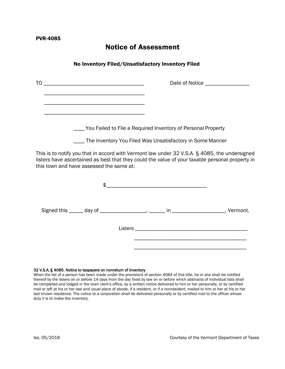 VT Form PVR-4085 Notice of Assessment - No Inventory Filed / Unsatisfactory Inventory Filed - Vermont, Page 1