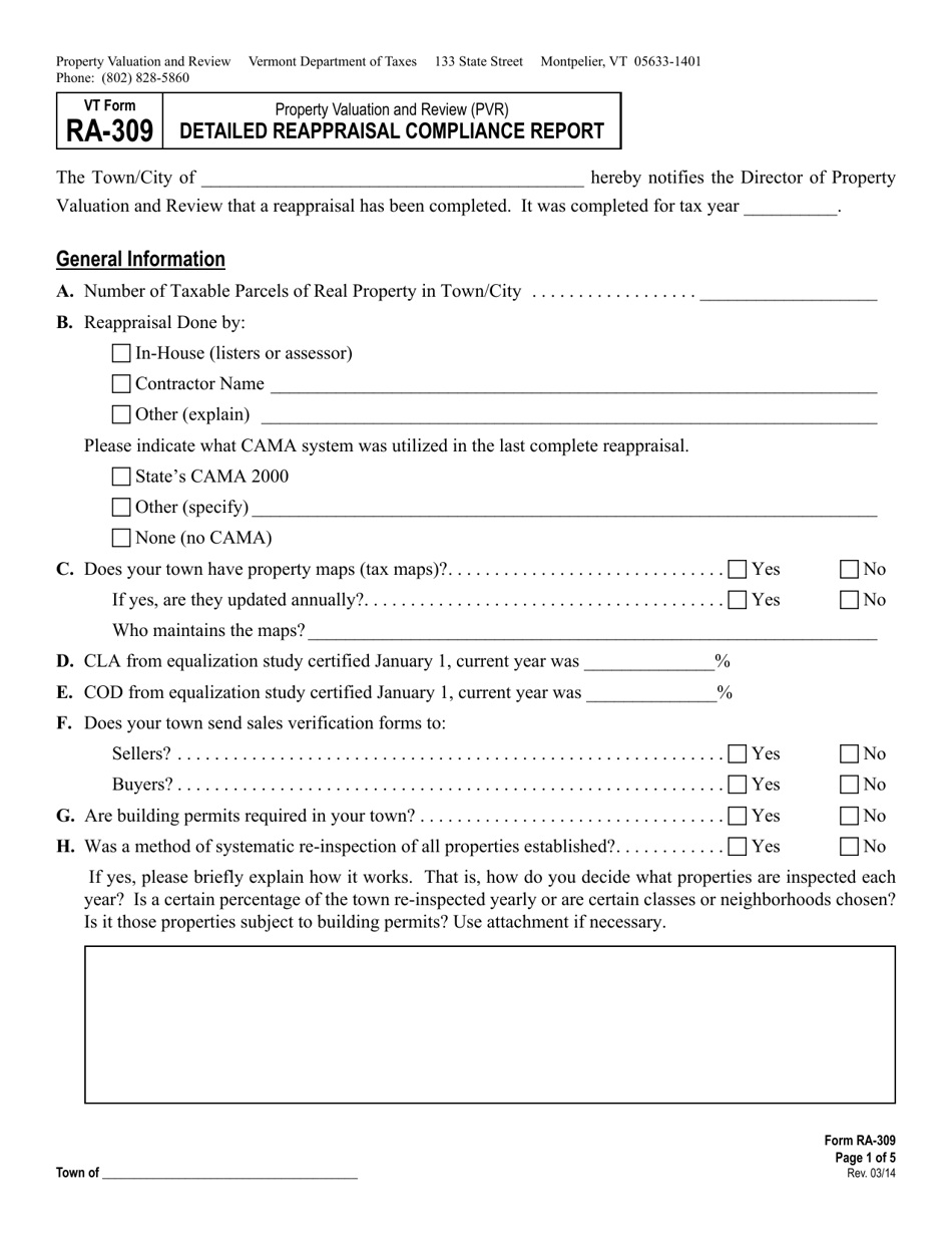 VT Form RA-309 Detailed Reappraisal Compliance Report - Vermont, Page 1