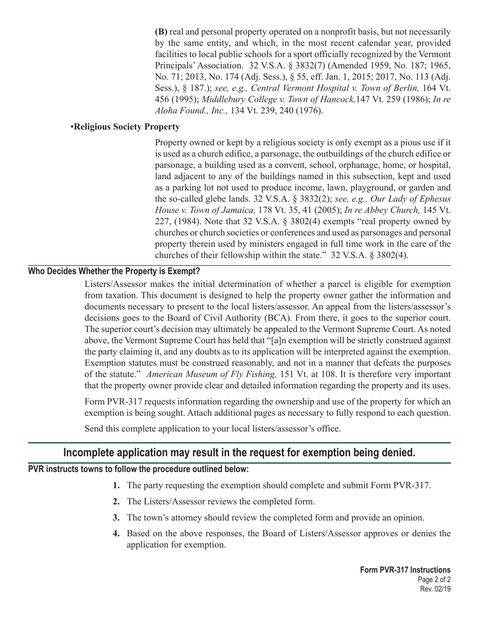 VT Form PVR-317 Vermont Property Tax Public, Pious, or Charitable Exemption - Vermont, Page 2