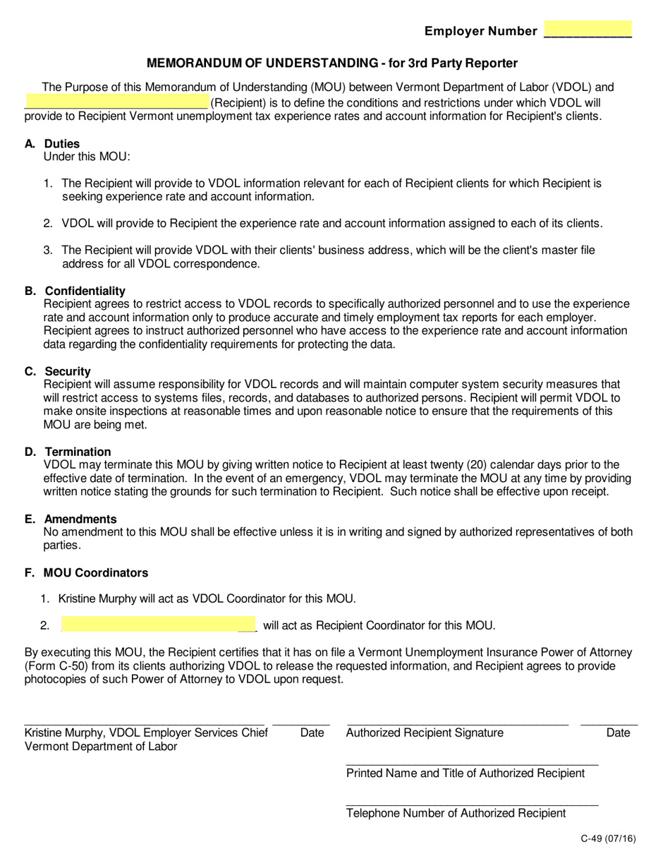 DOL Form C-49 Memorandum of Understanding - for 3rd Party Reporter - Vermont, Page 1