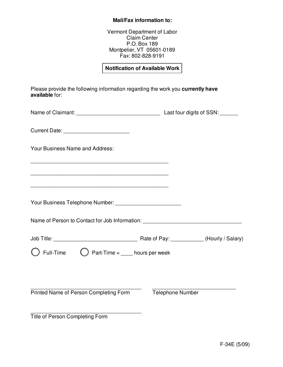 DOL Form F-34E Notification of Available Work - Vermont, Page 1