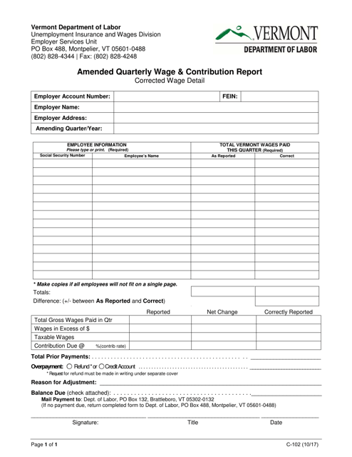 DOL Form C-102 Amended Quarterly Wage & Contribution Report - Vermont