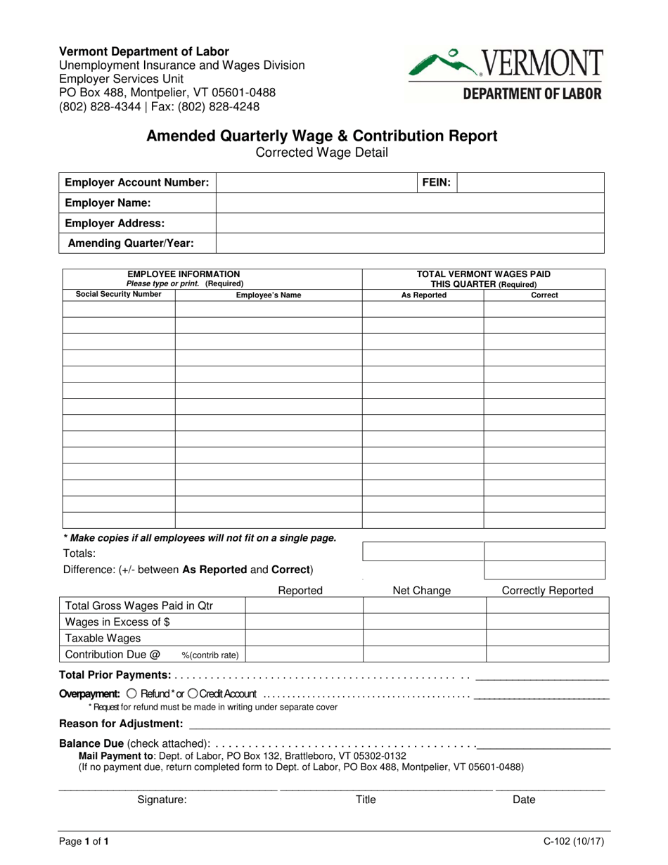DOL Form C-102 Amended Quarterly Wage  Contribution Report - Vermont, Page 1