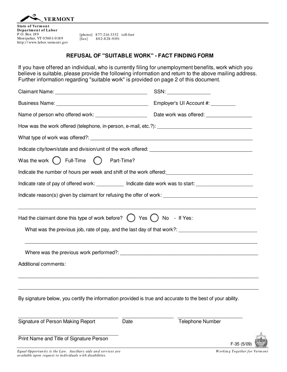 DOL Form F-35 Refusal of suitable Work - Fact Finding Form - Vermont, Page 1