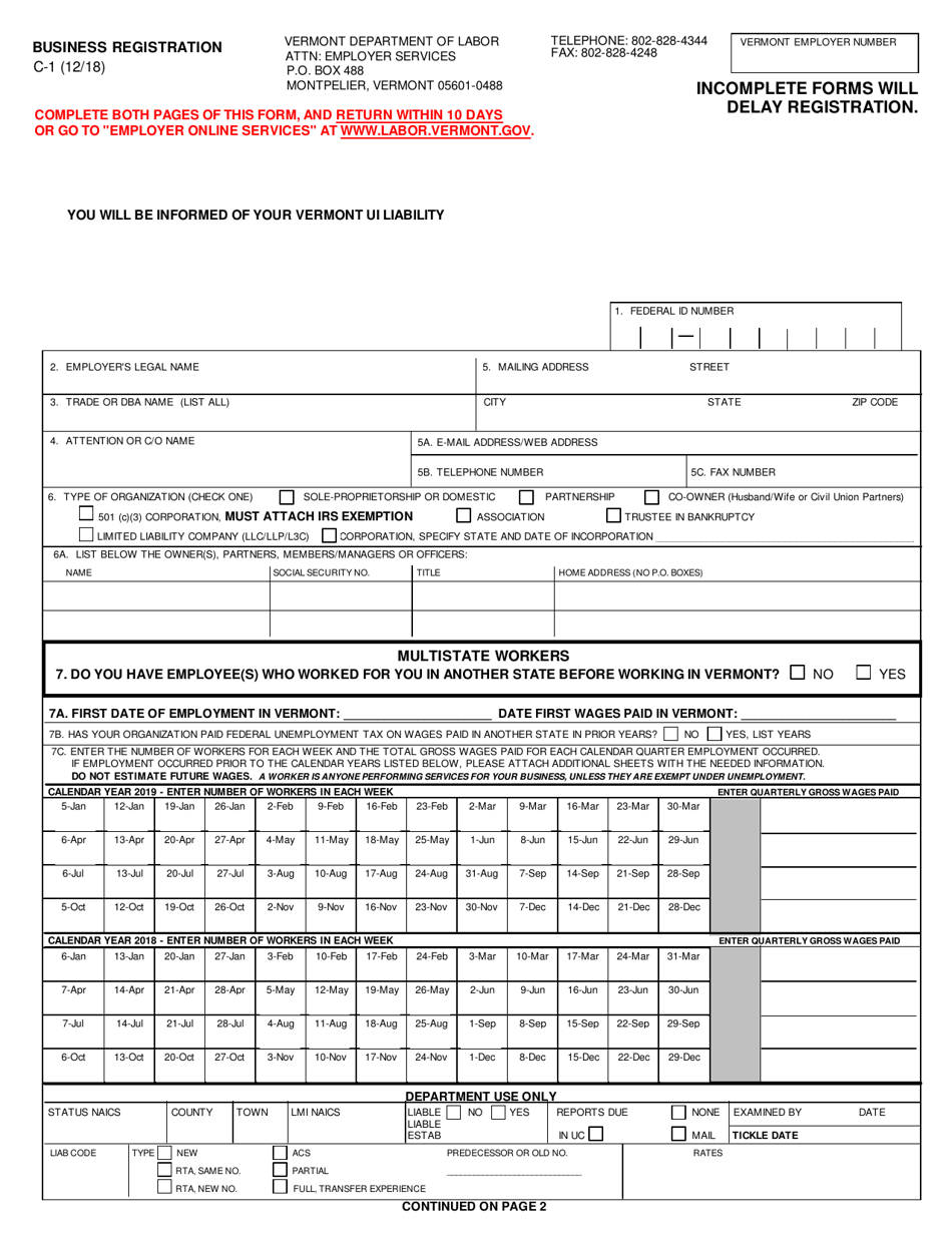 DOL Form C-1 Business Registration - Vermont, Page 1