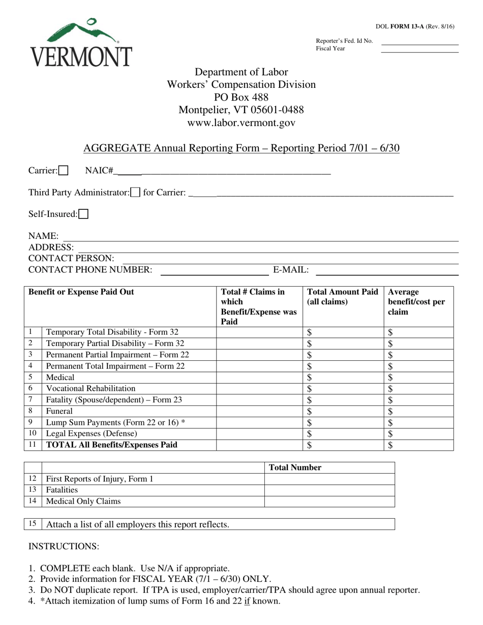 DOL Form 13-A Aggregate Annual Reporting Form - Vermont, Page 1