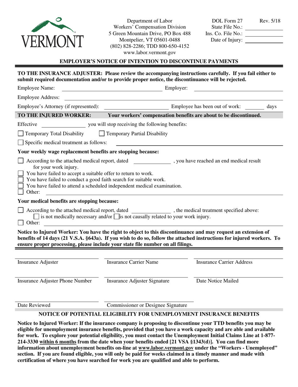 DOL Form 27 Employers Notice of Intention to Discontinue Payments - Vermont, Page 1